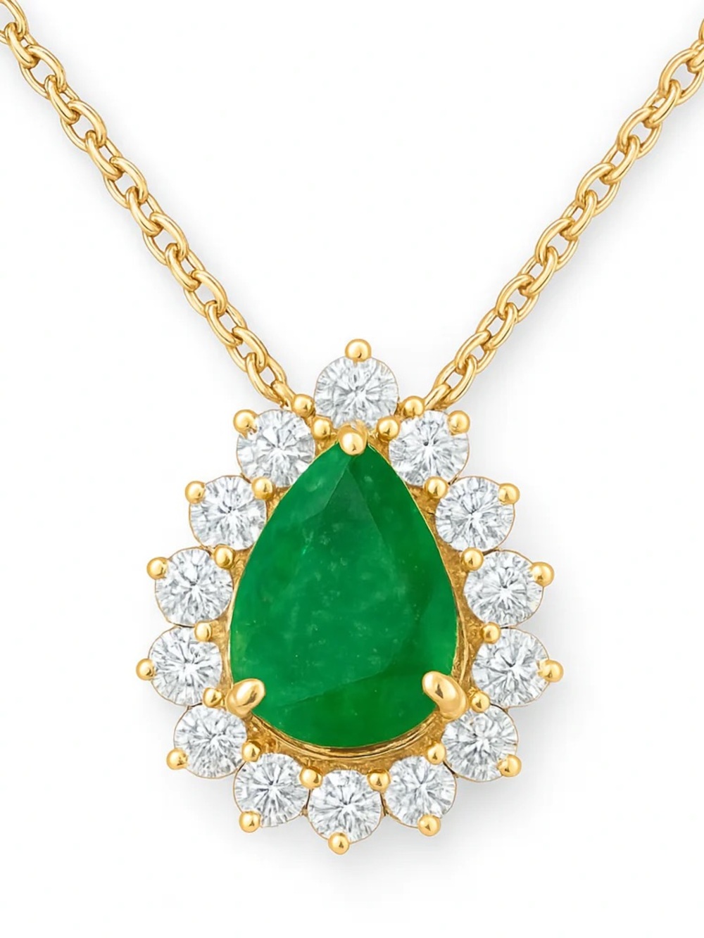 Green Teardrop Emerald Halo Pendant Necklace - Gold